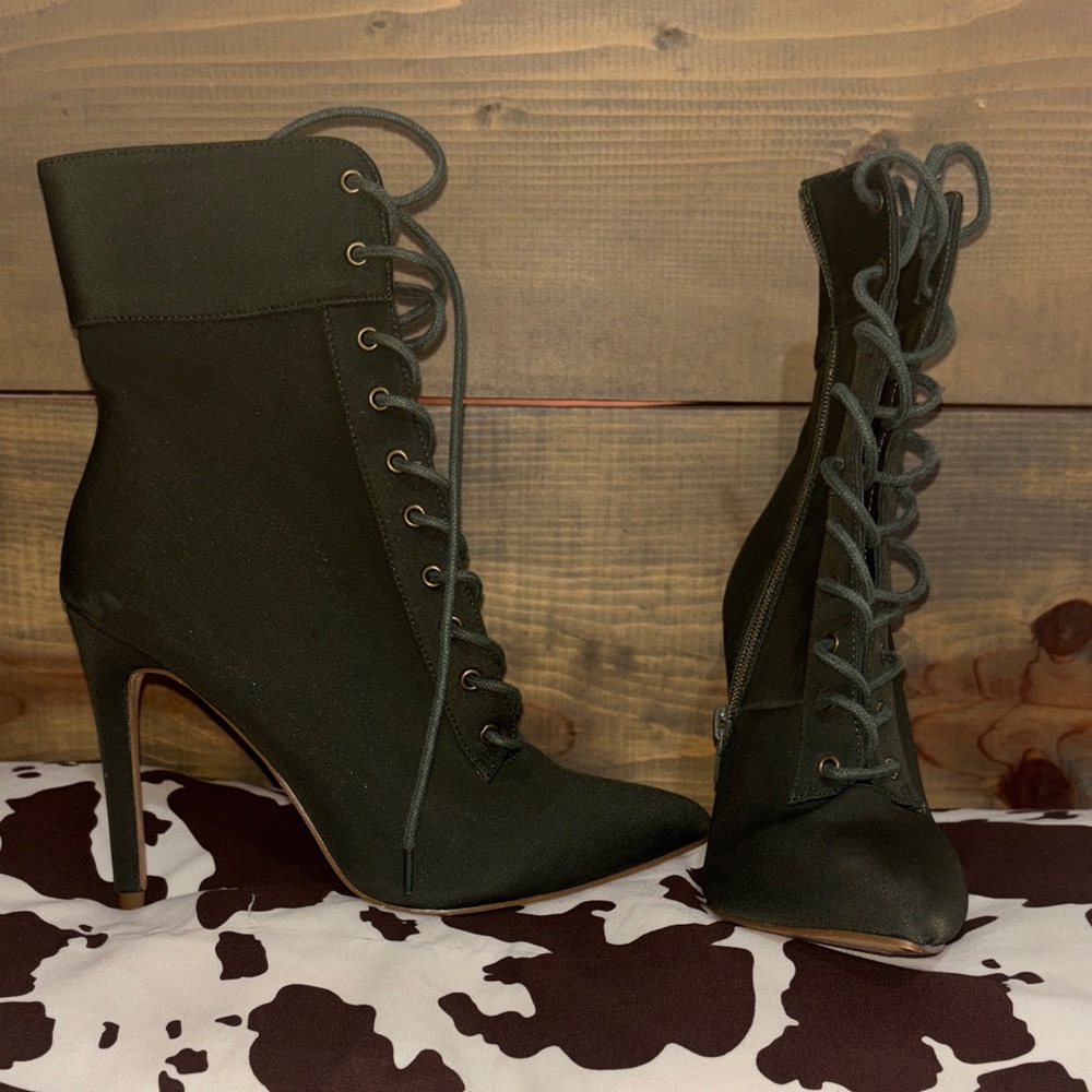 Chic Lace-Up High Heel Boots - Dark Green